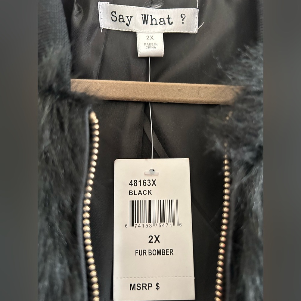 Say What? Fur Bomber Jacket, 2X, black - Picture 3 of 4